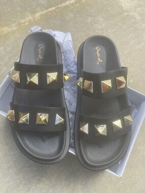 Qupid Black Slide Sandals with Gold Pyramid Studs
